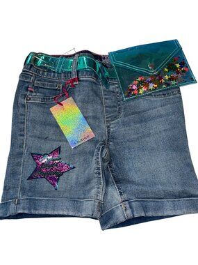 Vigoss Girls Bermuda Denim Shorts Size 6X With Holographic Star Patch & Belt